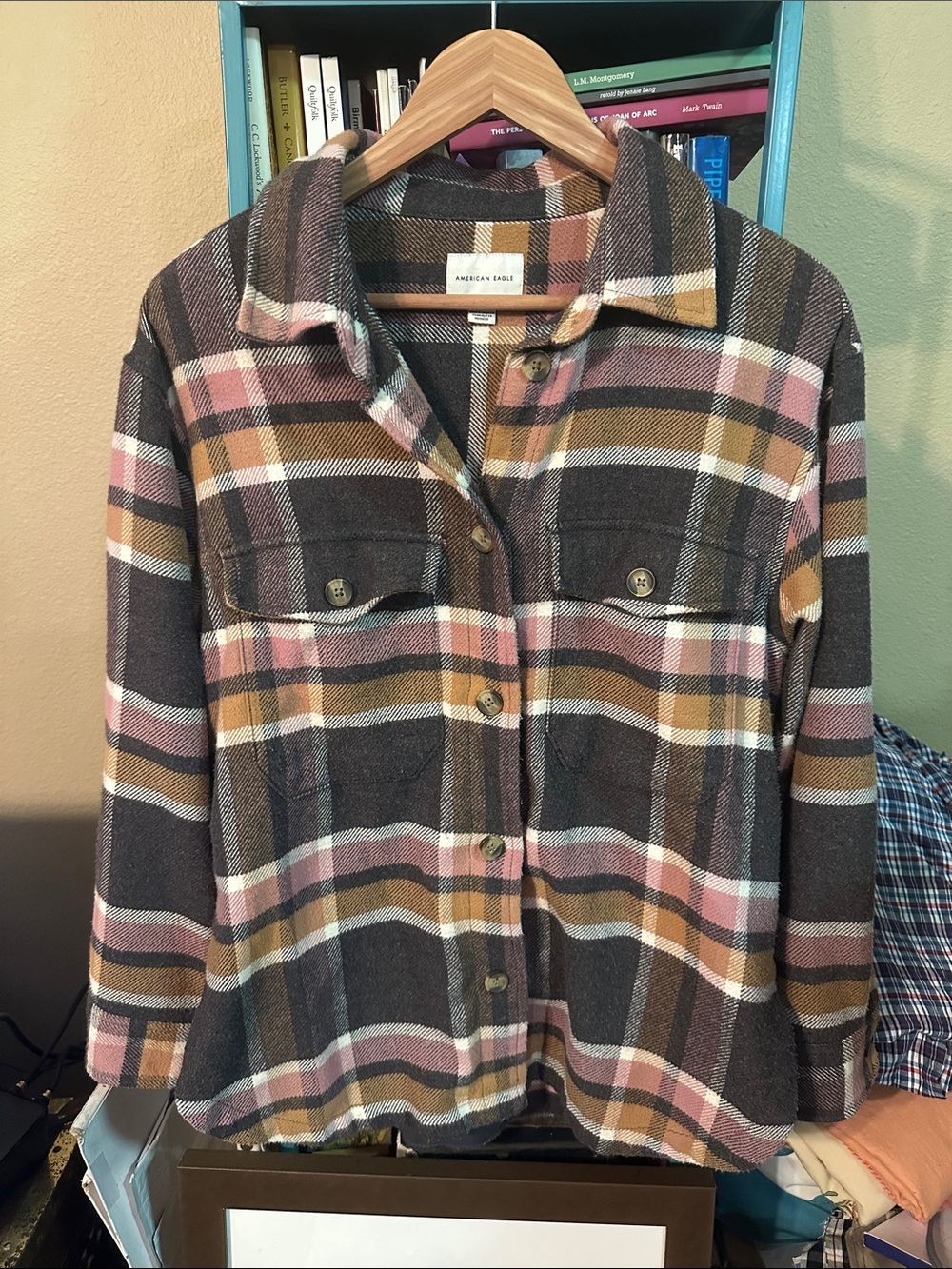 American Eagle Outfitters Brown, Pink & Mustard Plaid Shacket